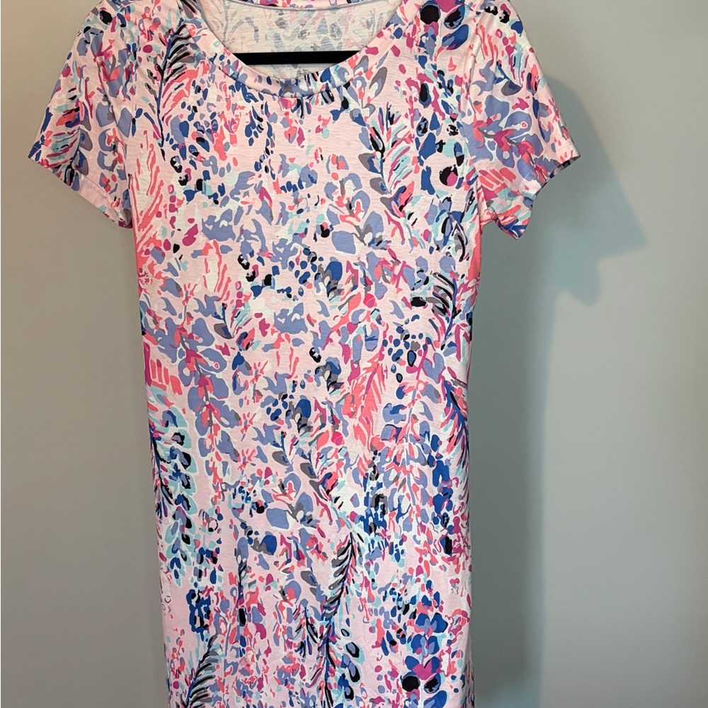 Lilly like Floral Print Short Sleeve Women’s Dress Pink Multicolor small cotton